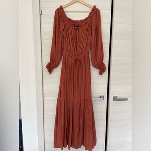 MINKPINK Rust Red Off Shoulder Maxi Dress, Size M